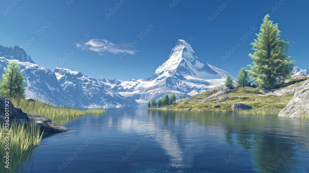 Snowy mountain reflecting on calm lake. Sunny landscape.  Possible use Background image