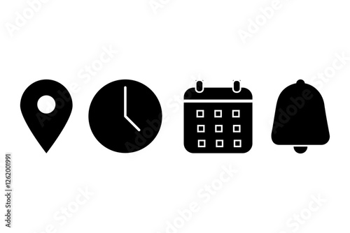 web icon set: location, time, date and notification