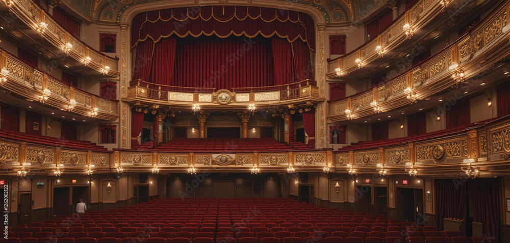 Obraz premium The interior of an old-fashioned theater with velvet curtains, ornate balconies, and plush red seats.