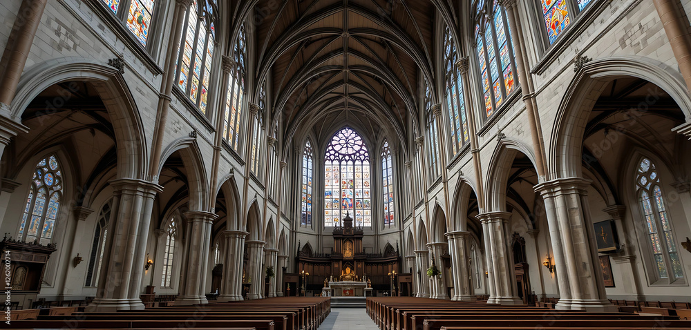 Fototapeta premium The interior of a grand church, with high vaulted ceilings, intricate stained glass windows, and wooden pews.