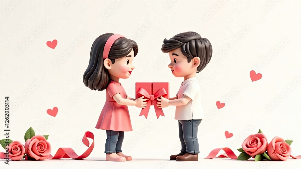 A cute illustration of a boy and girl exchanging a gift wrapped in a red ribbon, surrounded by hearts and roses, symbolizing love, romance, and affection