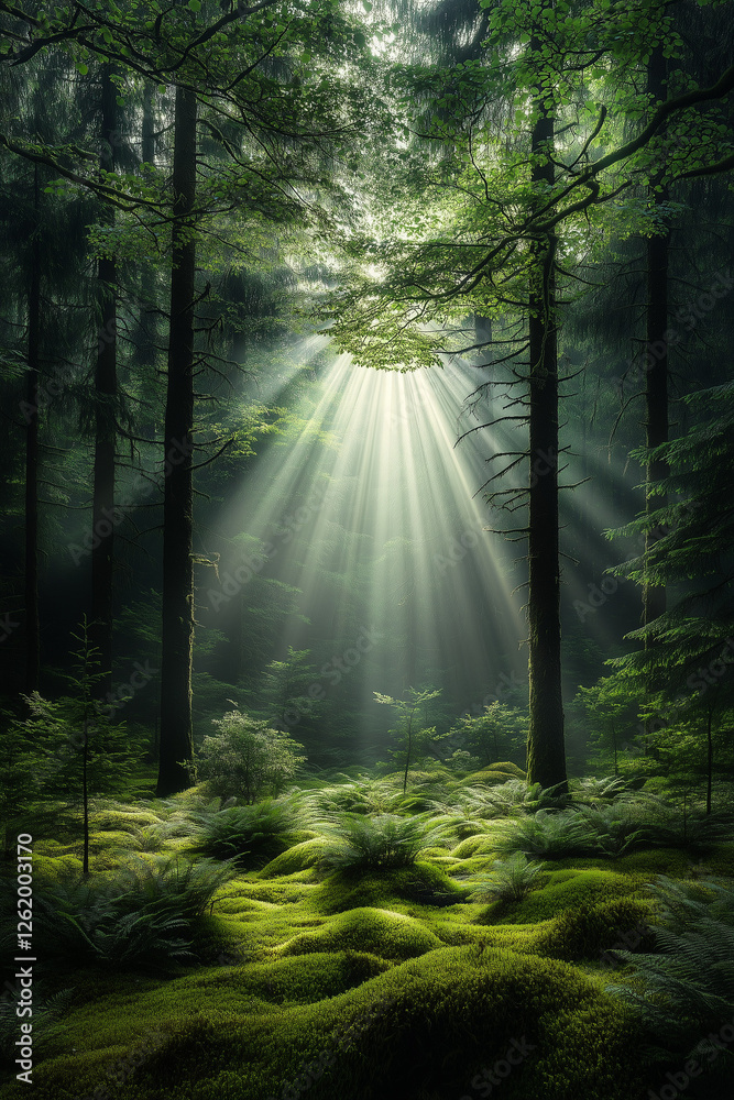 Obraz premium a mystical ray of light breaking through the dense shadows of an ancient forest, softly illuminating floating dust particles and highlighting the intricate details of moss-covered trees