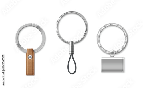 Metal key ring set with leather strap, black cord loop, rectangular steel pendant. Realistic 3d minimalist design keyholder on white background for merchandise mockup, branding elements creation.
