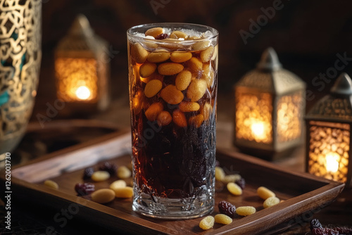 A refreshing tall glass of Jallab (traditional Arabic drink made from date syrup and rose water) with floating pine nuts and raisins. The drink is placed on a wooden tray with Ramadan lanterns photo