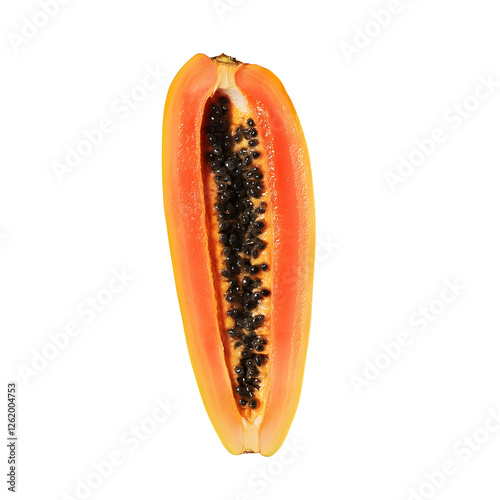 Ripe Golden Papaya Sliced Lengthwise Revealing Vibrant Orange Flesh and Cluster of Glossy Black Seeds