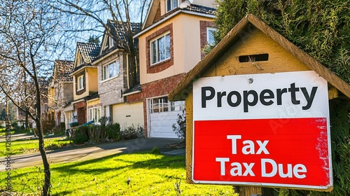 Property Tax Due Notice in Bright Red Sign on Residential Street