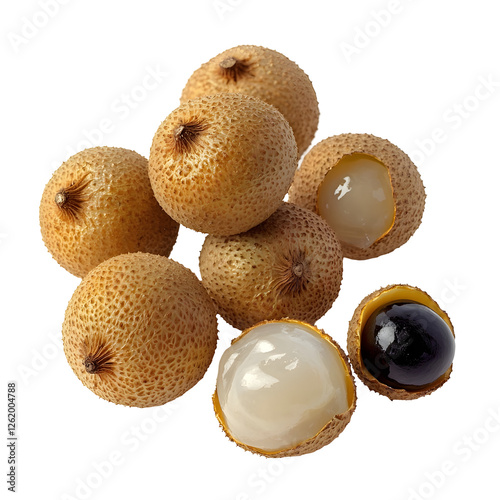 Cluster of Longan Fruits with Shells and Seeds on White Background