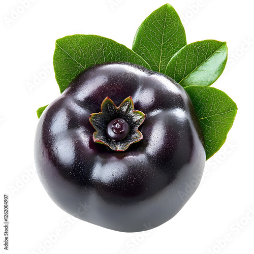 Ripe Chokeberry Aronia Berry Cluster with Green Leaves on White Background
