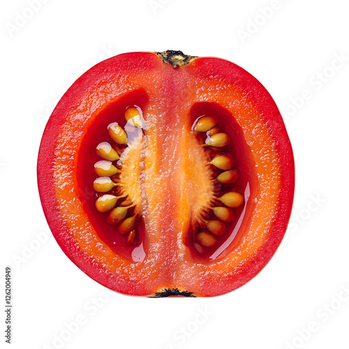 Ripe Tamarillo Tree Tomato Sliced in Half Revealing Juicy Golden-Red Pulp on White Background