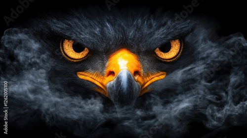 Fierce eagle eyes, smoke, dark background, power concept