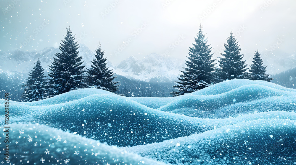 Naklejka premium Winter Wonderland: A serene and picturesque winter scene, featuring a snow-covered landscape dotted with towering pine trees and rolling hills. Snowflakes gently fall.