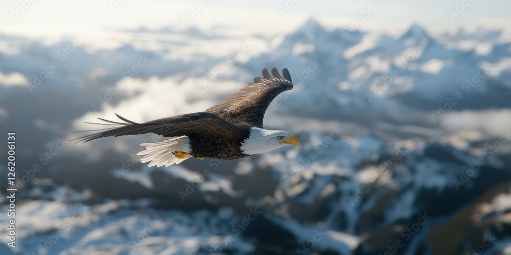 Fototapeta premium Majestic bald eagle in flight over snow-capped mountains nature serene environment aerial view