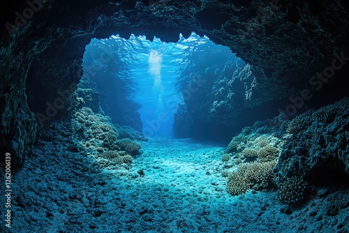 The entrance to a submerged cave with clear blue water, teeming with marine life, perfect for scuba diving or snorkeling. photo