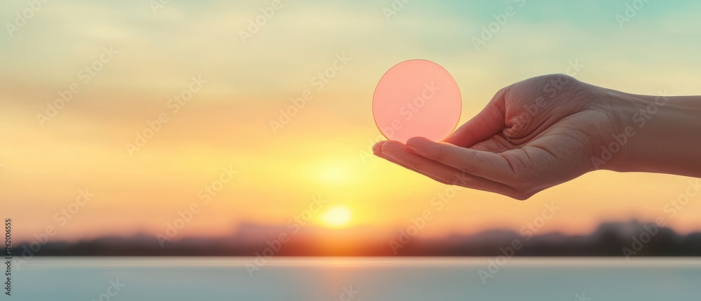 Fototapeta premium Holding a symbol of hope at sunrise lakeside inspirational image tranquil setting close-up view serenity