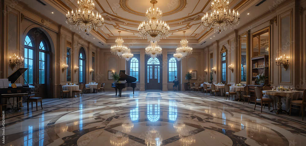 Obraz premium An elegant ballroom with glittering chandeliers, a grand piano, and polished marble floors, ready for a night of dancing.
