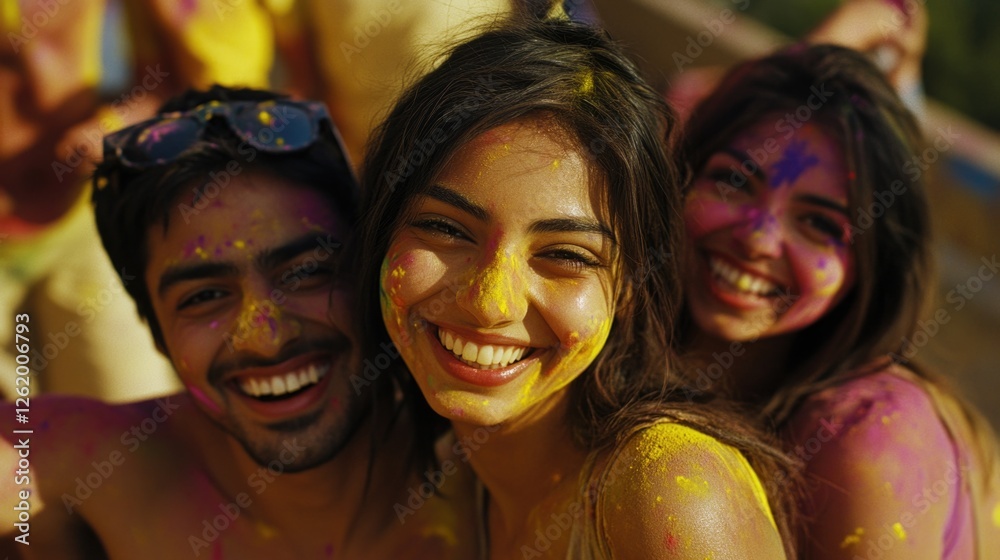 A group of young people enjoying the Holi Festival, covered in bright colors from powder, smiling and laughing together outdoors. A group of young people enjoying the Holi Festival, covered in bright colors from powder, smiling and laughing together outdoors.