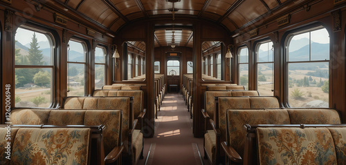 The interior of an old-fashioned train carriage with plush seats, wooden paneling, and large windows offering scenic views.