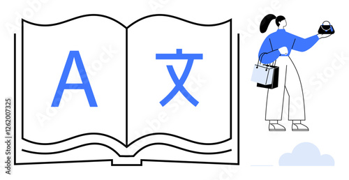 Open book with letters A and representing language translation and a woman holding a smartphone with shopping bags. Ideal for education, technology, globalization, communication, online learning