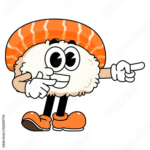 Retro sushi mascot logo, sake sushi, salmon sushi pointing with right hand
