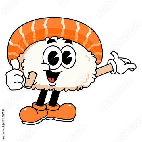 Retro sushi mascot logo, sake sushi, salmon sushi thumbs up pose