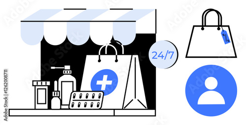 Pharmacy storefront with awning, medication bottles, blister pack of pills, sanitizer, 247 sign, shopping bag, and user icon. Ideal for online pharmacy, healthcare access medical retail e-commerce