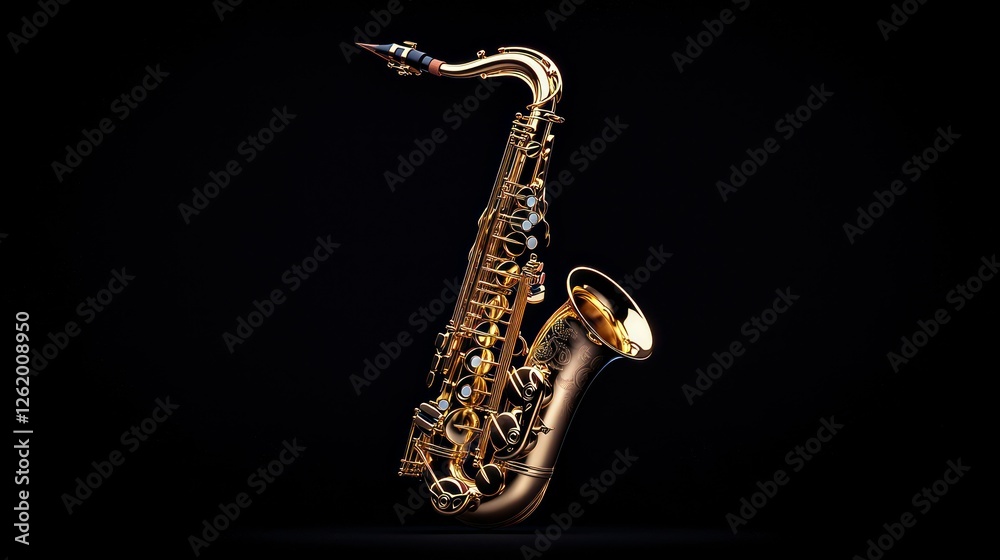 Fototapeta premium Gold saxophone studio shot, black background, music poster