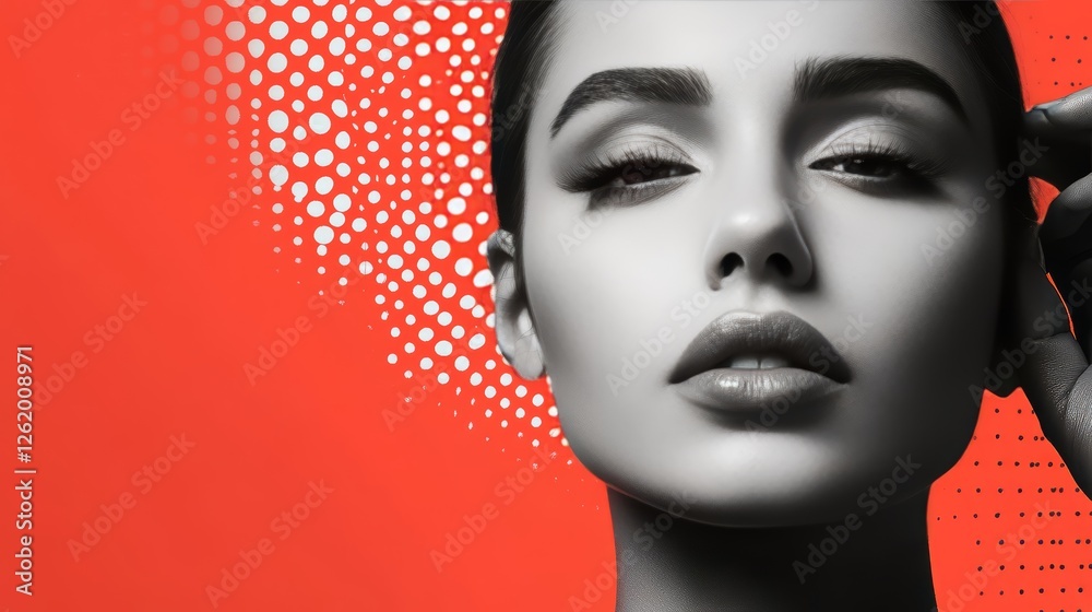 Elegance juxtaposed, A monochrome portrait against vibrant coral backdrop Elegance juxtaposed, A monochrome portrait against vibrant coral backdrop