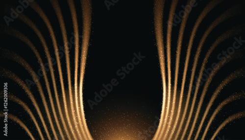 Golden light wings on black background. Vector realistic illustration of sparkling yellow dot lines in shape of angel or bird wing, premium award ceremony or luxury product presentation backdrop