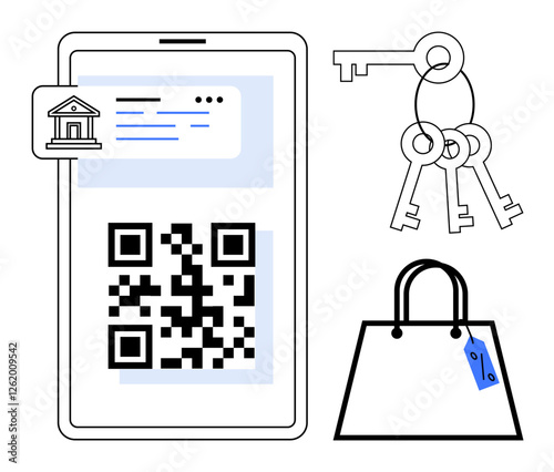 Smartphone displaying QR code for banking, bunch of keys, and shopping bag with price tag. Ideal for digital payments, mobile banking, online shopping, security, access control, convenience retail
