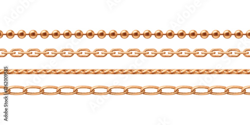 Gold jewelry chains set isolated on white background. Vector realistic illustration of golden shiny necklace or bracelet patterns, jewelry decoration of precious metal, seamless luxury ornament