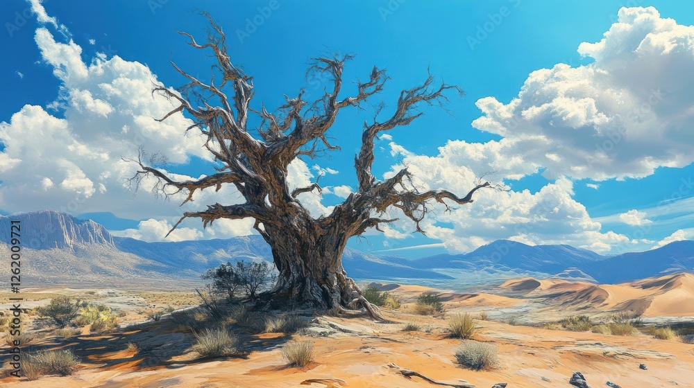 Lone desert tree, arid landscape, mountains background, scenic nature Lone desert tree, arid landscape, mountains background, scenic nature