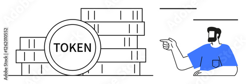 Stacked token coins emphasized by a large coin labeled TOKEN, while a man gestures towards them. Ideal for finance, cryptocurrency, investment, economy, digital assets, blockchain technology. Black