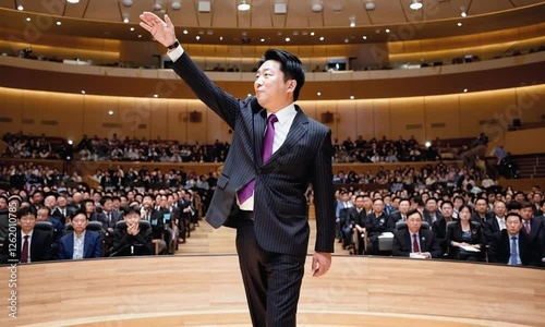 Motivated Speaker Addressing a Large Audience in a Professional Conference Hall photo