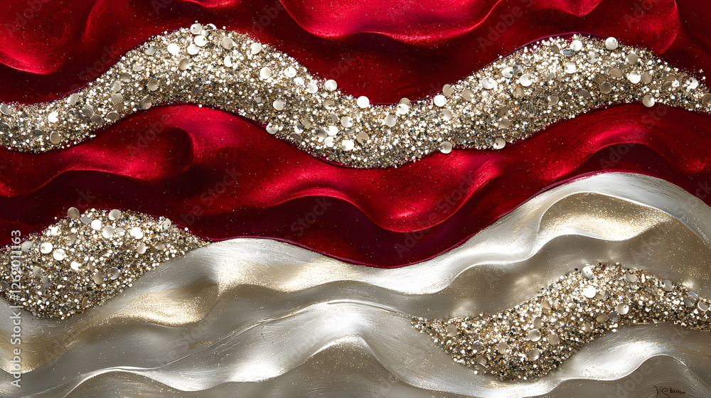 Fototapeta premium Red and Silver Abstract Waves: A captivating abstract artwork featuring a mesmerizing interplay of silver glitter and rich red and cream waves, creating a luxurious and dynamic composition.