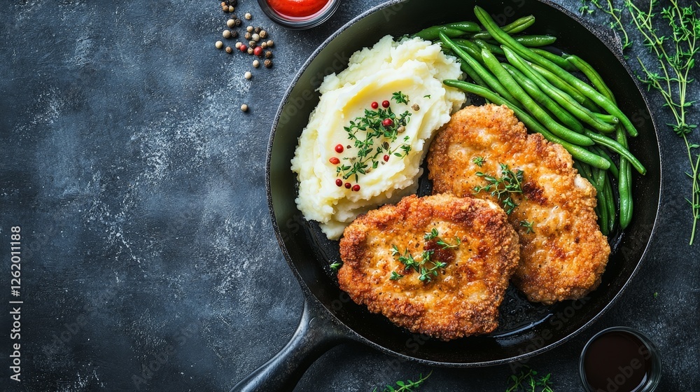 A delicious meal featuring fried chicken, mashed potatoes, and green beans in a skillet. A delicious meal featuring fried chicken, mashed potatoes, and green beans in a skillet.