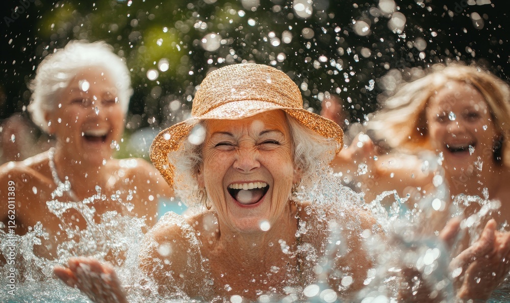 Obraz premium Joyful senior woman with friends splashing water and laughing in a swimming pool, celebrating active lifestyle and happiness in retirement, Generative AI