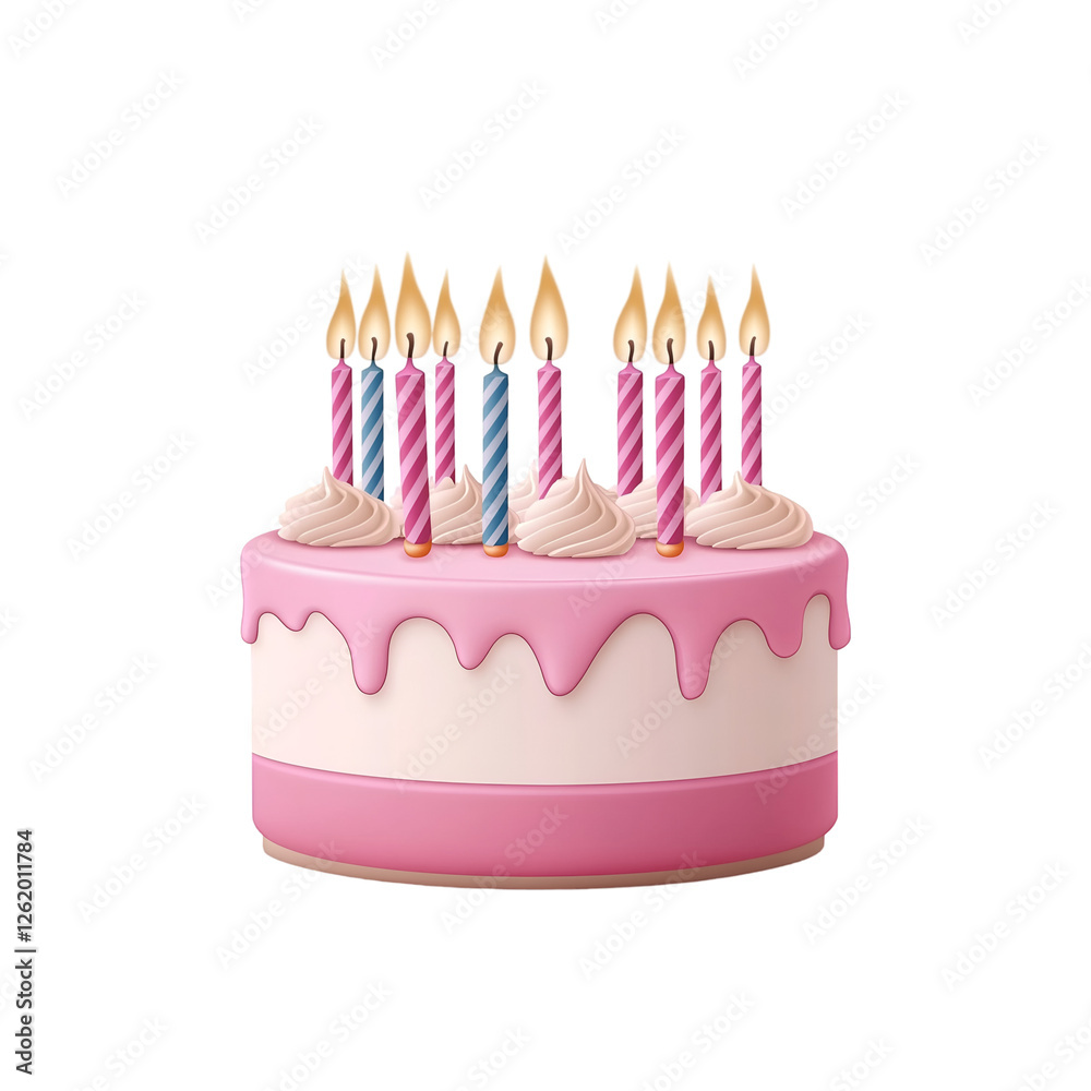 A pink birthday cake with lit candles, Isolated on transparent or white background cut out, Holidays and Celebrations clip art concept A pink birthday cake with lit candles, Isolated on transparent or white background cut out, Holidays and Celebrations clip art concept