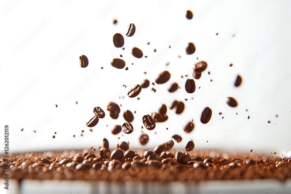 Obraz premium A vivid shot of freshly roasted coffee beans plummeting into a dark, aromatic coffee, captured in perfect HD clarity with a bright white backdrop.