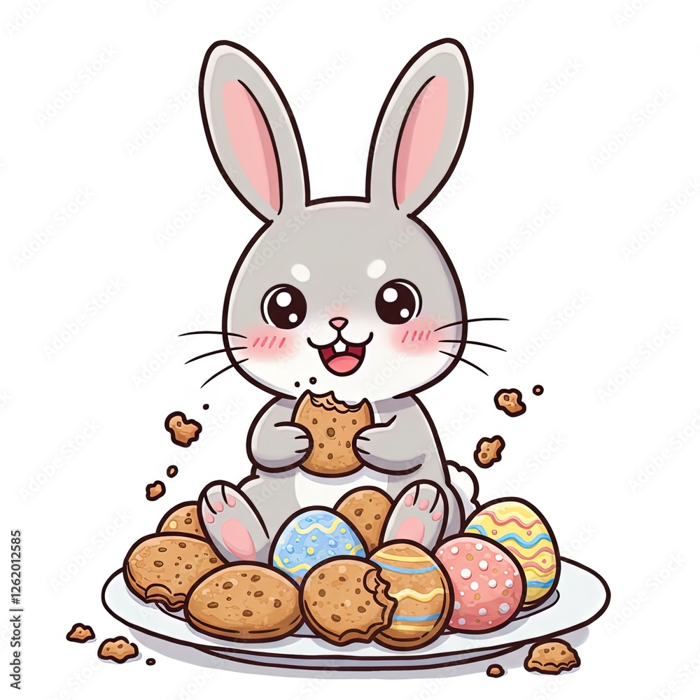 Fototapeta premium Easter Bunny Eating Cookie with Decorated Eggs - Cartoon