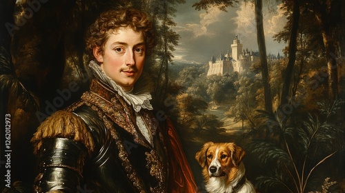 Noble young man, dog, castle backdrop, elegant portrait.