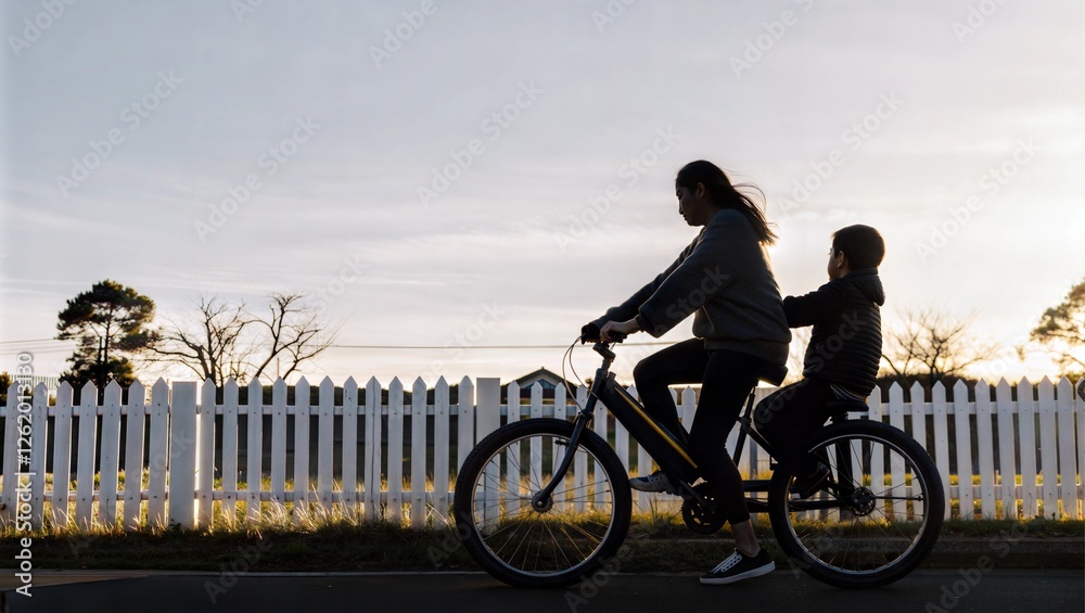 Obraz premium Teen sister teach brother ride bike suburban neighborhood Goldenhour nostalgic feel childhood