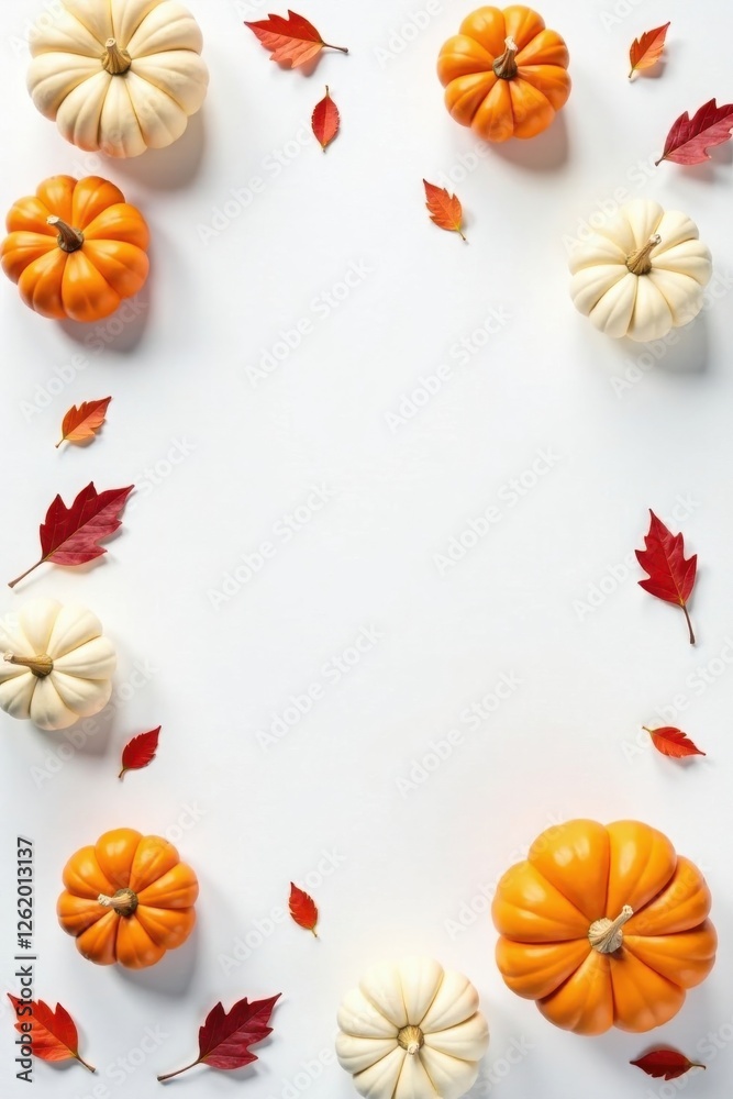 Fototapeta premium Autumnal arrangement featuring small pumpkins and vibrant fall foliage, a cheerful seasonal design element.