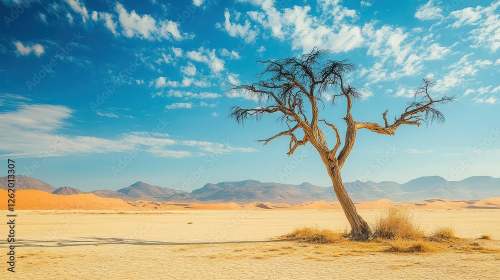 Lone dead tree in desert landscape, mountains background, travel poster Lone dead tree in desert landscape, mountains background, travel poster