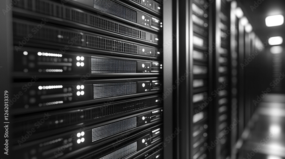 Futuristic server room with 3D storage technology, symbolizing digital advancement, data security, and innovation. Bright modern tone with blurred empty space, ideal for technology concepts and backgr