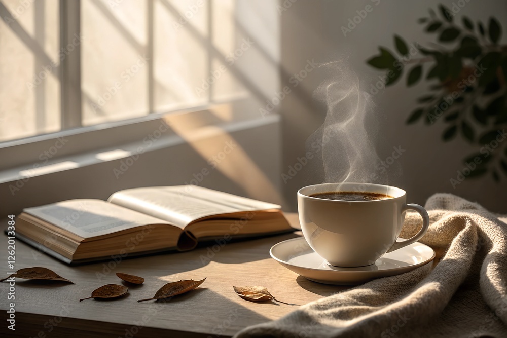 Enjoying a Tranquil Morning With a Steaming Cup of Coffee Beside an Open Book Enjoying a Tranquil Morning With a Steaming Cup of Coffee Beside an Open Book