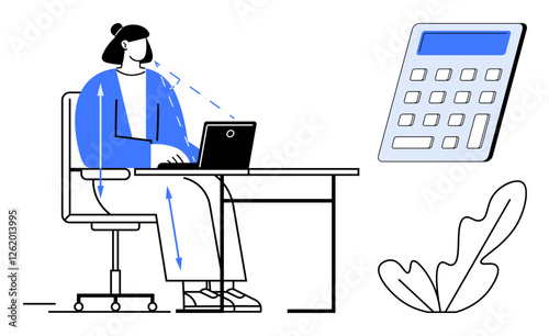 Person typing on a laptop at a desk with a nearby calculator and plant. Ideal for productivity, remote work, business, finance, modern office, digital workspace, and efficiency. Minimalist abstract