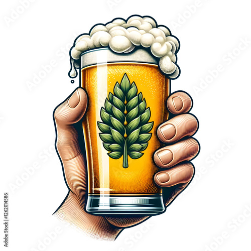 Hand holding a full glass of foamy beer isolate on White background