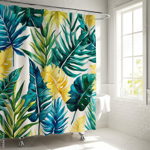 beautiful vibrant A bathroom with watercolor tropical leaves as a shower curtain