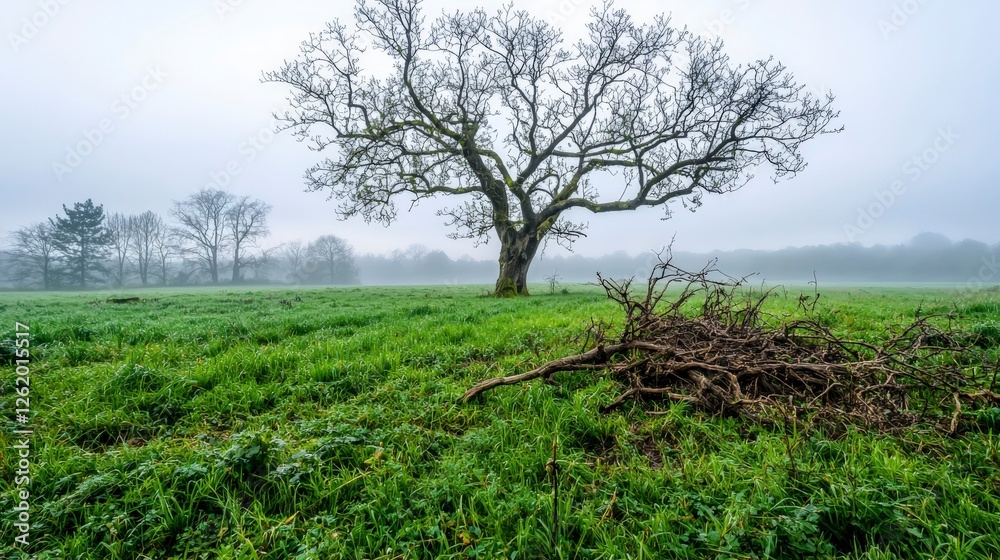 Lonely tree standing tall in misty meadow nature scene serene environment tranquil viewpoint evoking loneliness Lonely tree standing tall in misty meadow nature scene serene environment tranquil viewpoint evoking loneliness