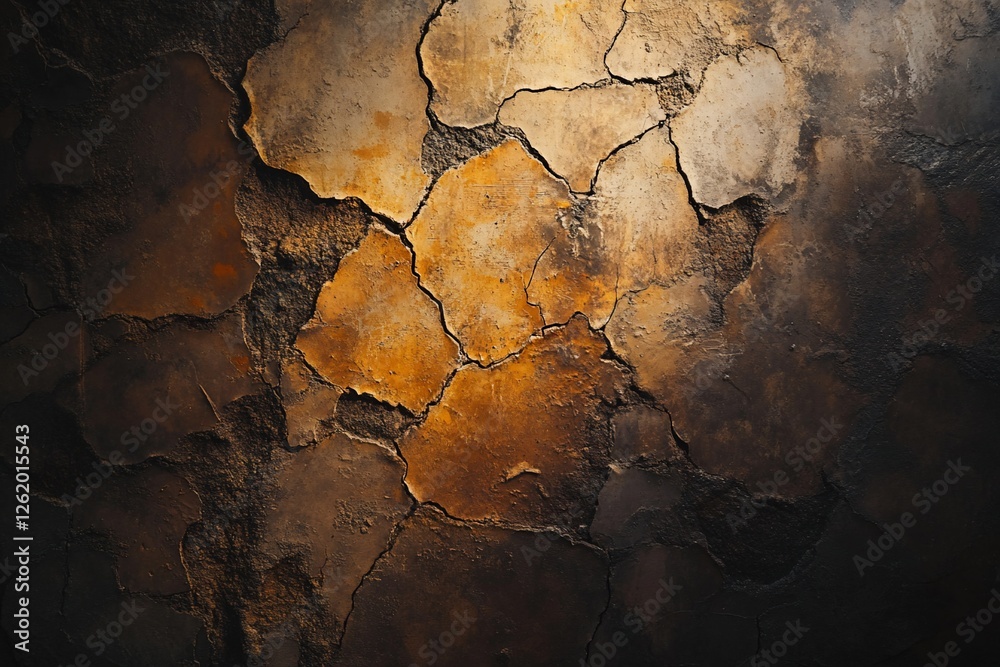 Cracked, textured wall with dark brown and orange tones, illuminated from above. Cracked, textured wall with dark brown and orange tones, illuminated from above.